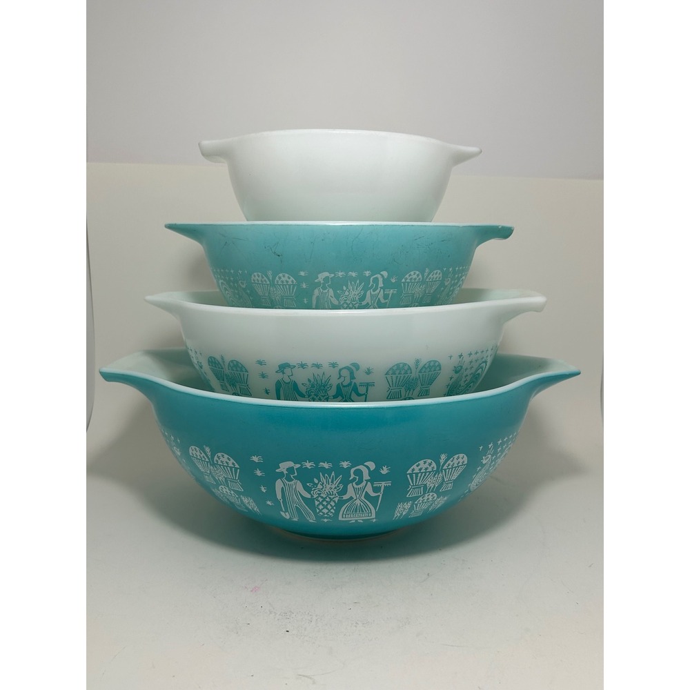 Vintage Pyrex Butterprint Turquoise White Cinderella Mixing Bowl Set 441-444